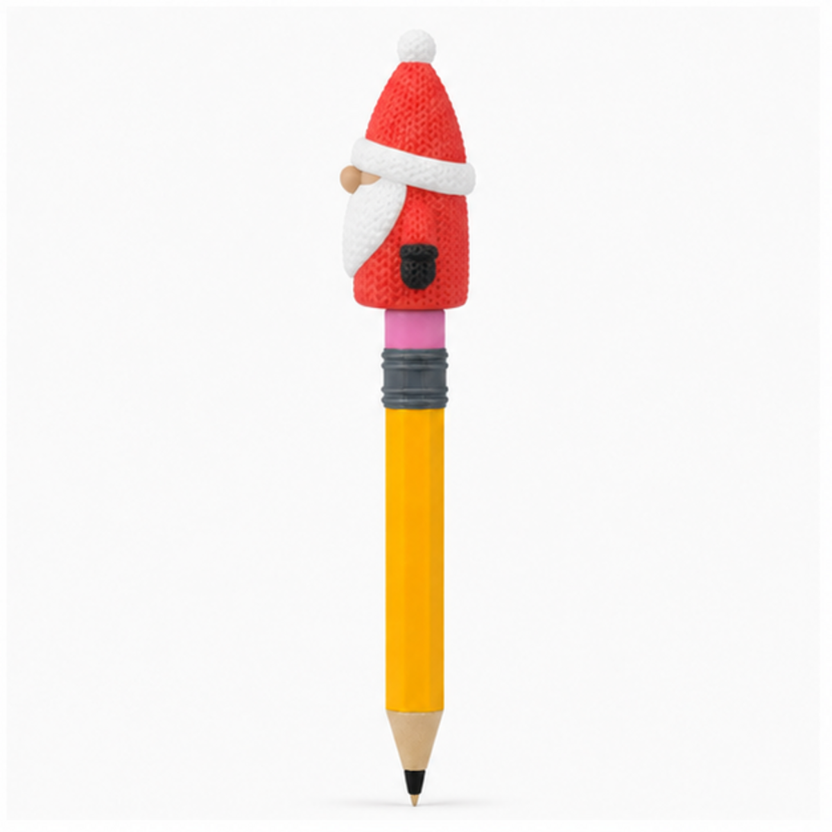Knitted Christmas Gnome Topkinz character on jumbo pencil side view