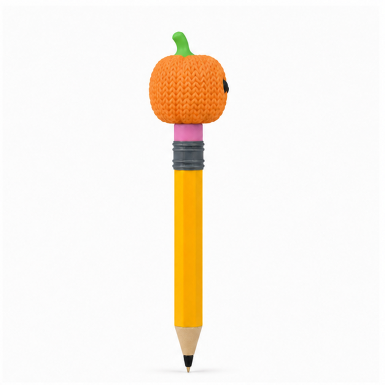 Knitted Cute Pumpkin Halloween Topkinz character on jumbo pencil side view