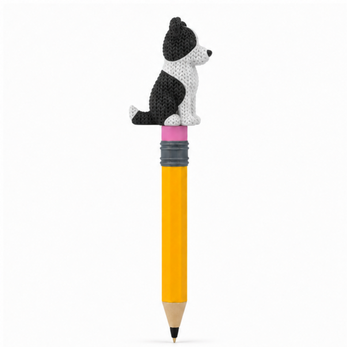 Knitted Border Collie Dog Topkinz character on jumbo pencil side view