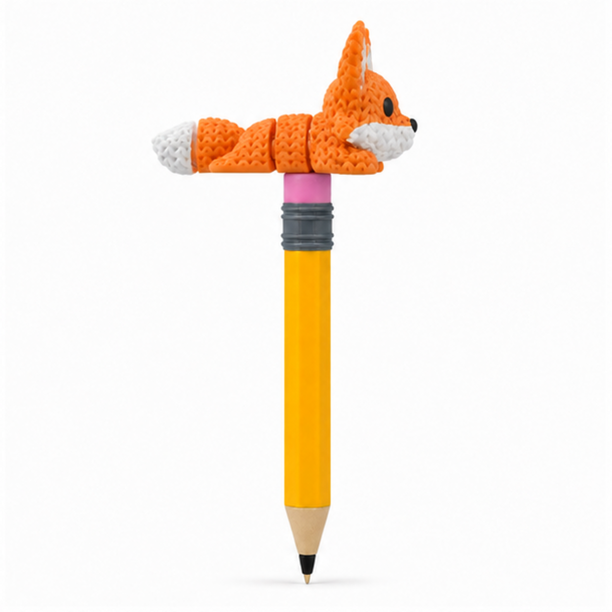 Knitted Articulated Fox Topkinz character on jumbo pencil side view