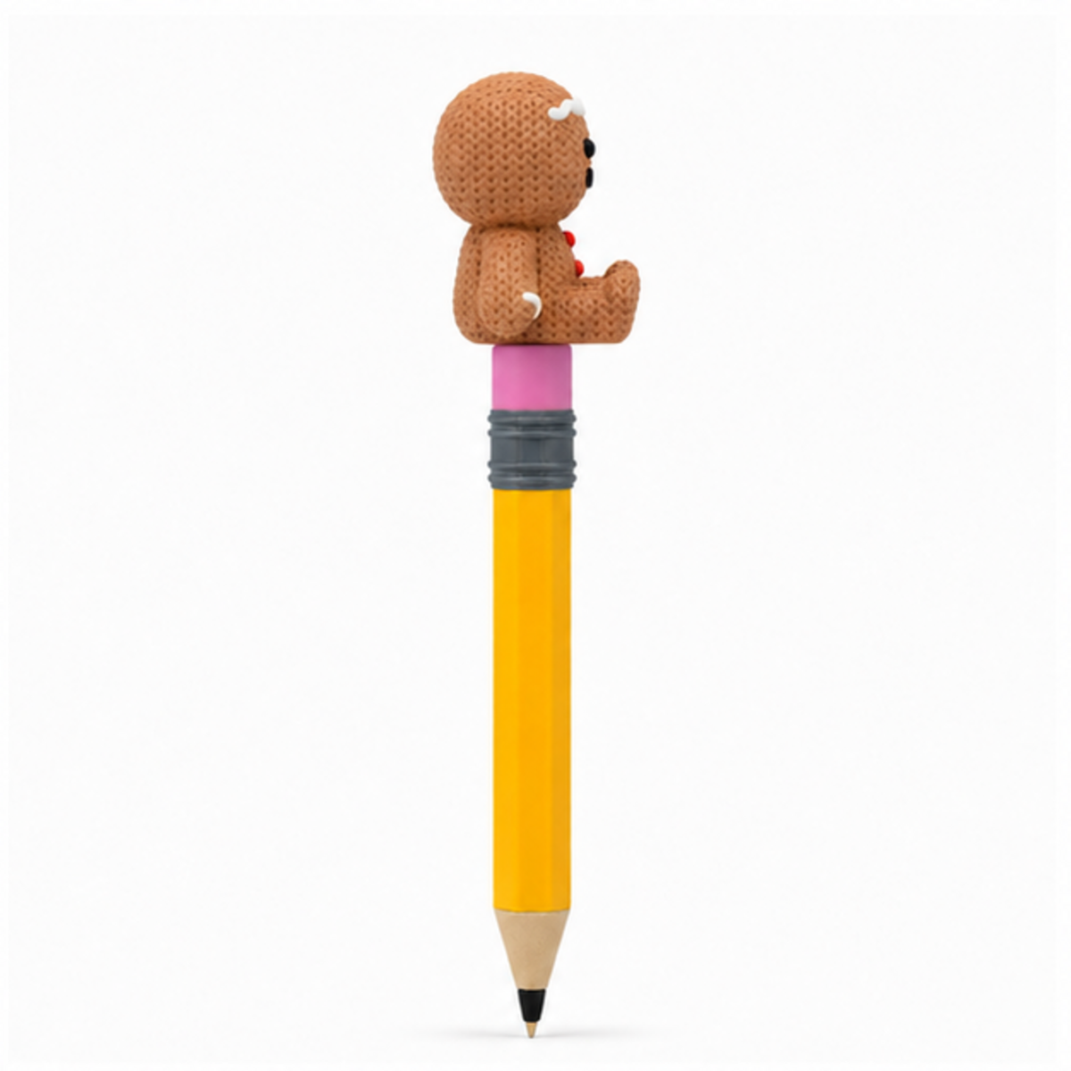 Knitted Gingerbread Man Christmas Topkinz character on jumbo pencil side view