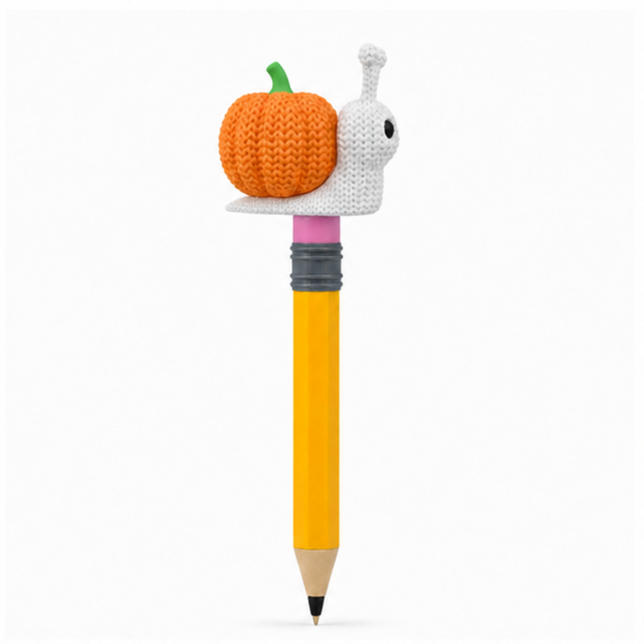 Knitted Halloween Pumpkin Snail Topkinz character on jumbo pencil side view