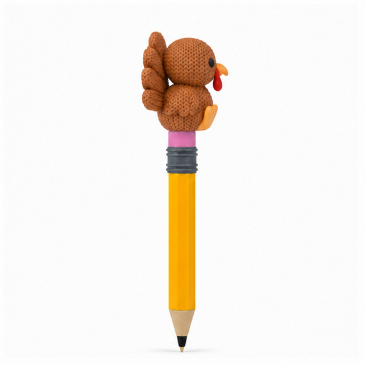 Knitted Turkey Topkinz character on jumbo pencil side view