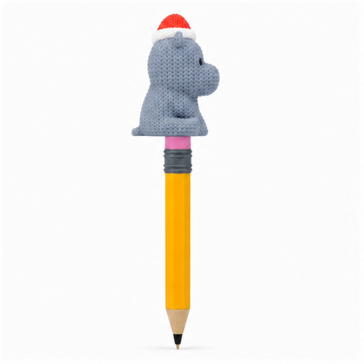Knitted Hippo with Santa Hat Christmas Topkinz character on jumbo pencil side view