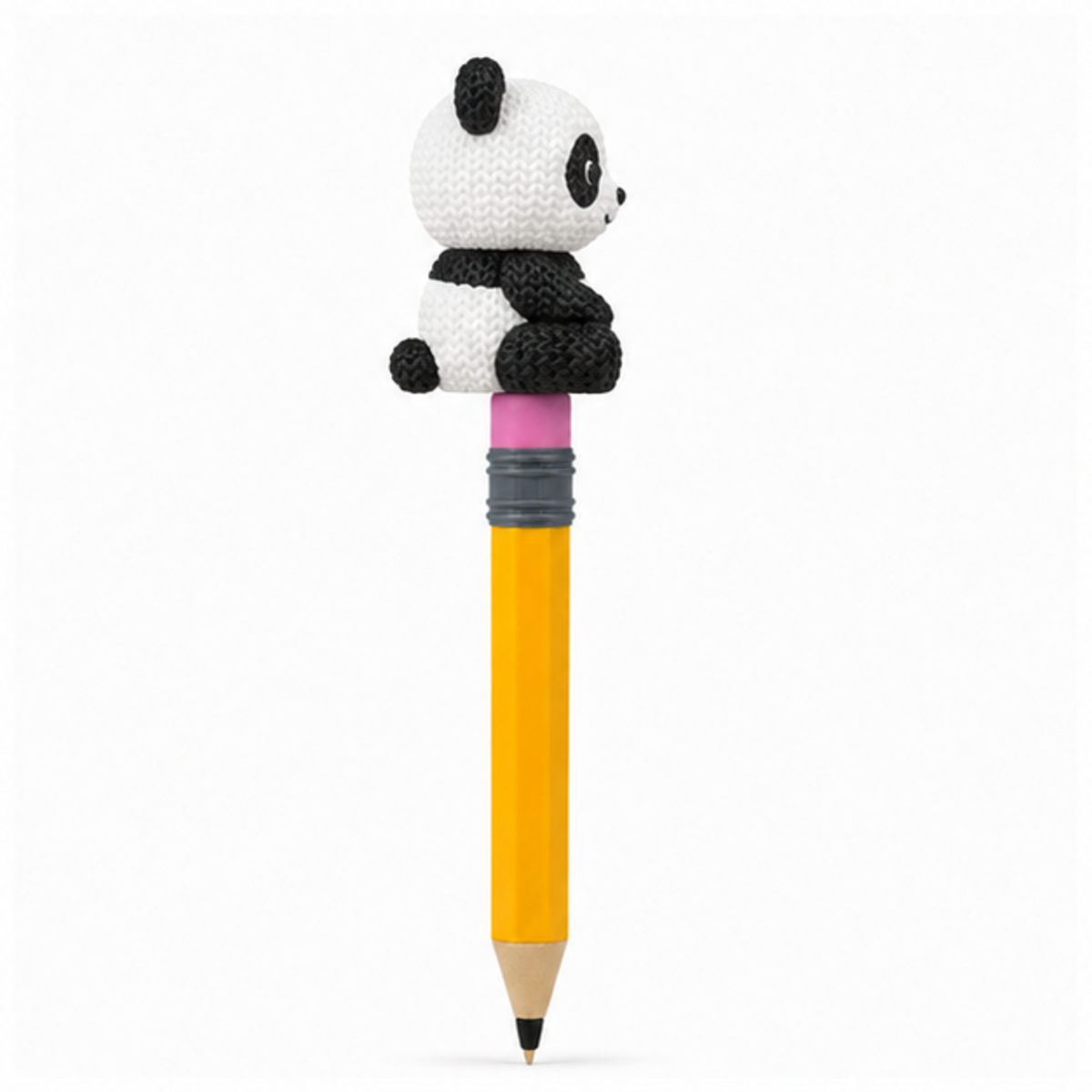 Knitted Panda Topkinz character on jumbo pencil side view