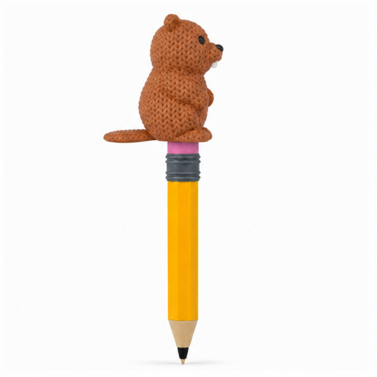 Knitted Beaver Topkinz character on jumbo pencil side view
