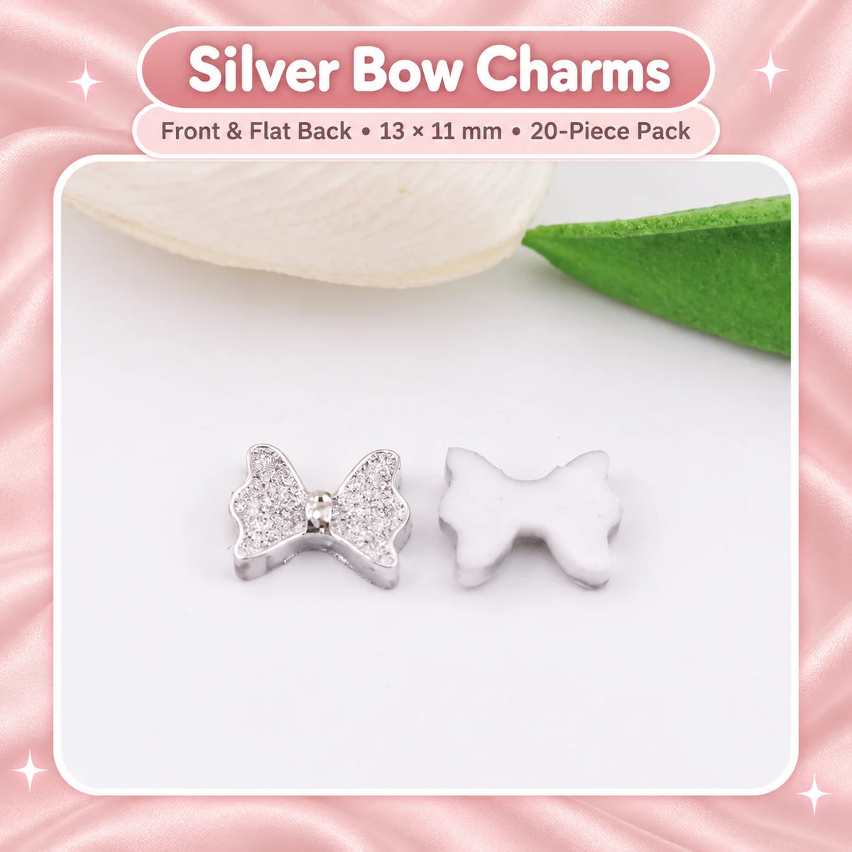 Silver Bow Charms, Front & Flat Back, 13 × 11 mm, 20-Piece Pack