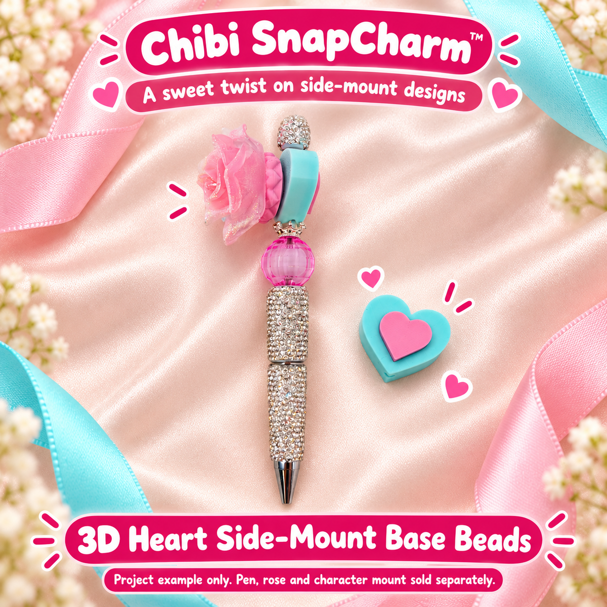 Heart side-mount base bead on a decorated pen; pen, rose and character mount sold separately