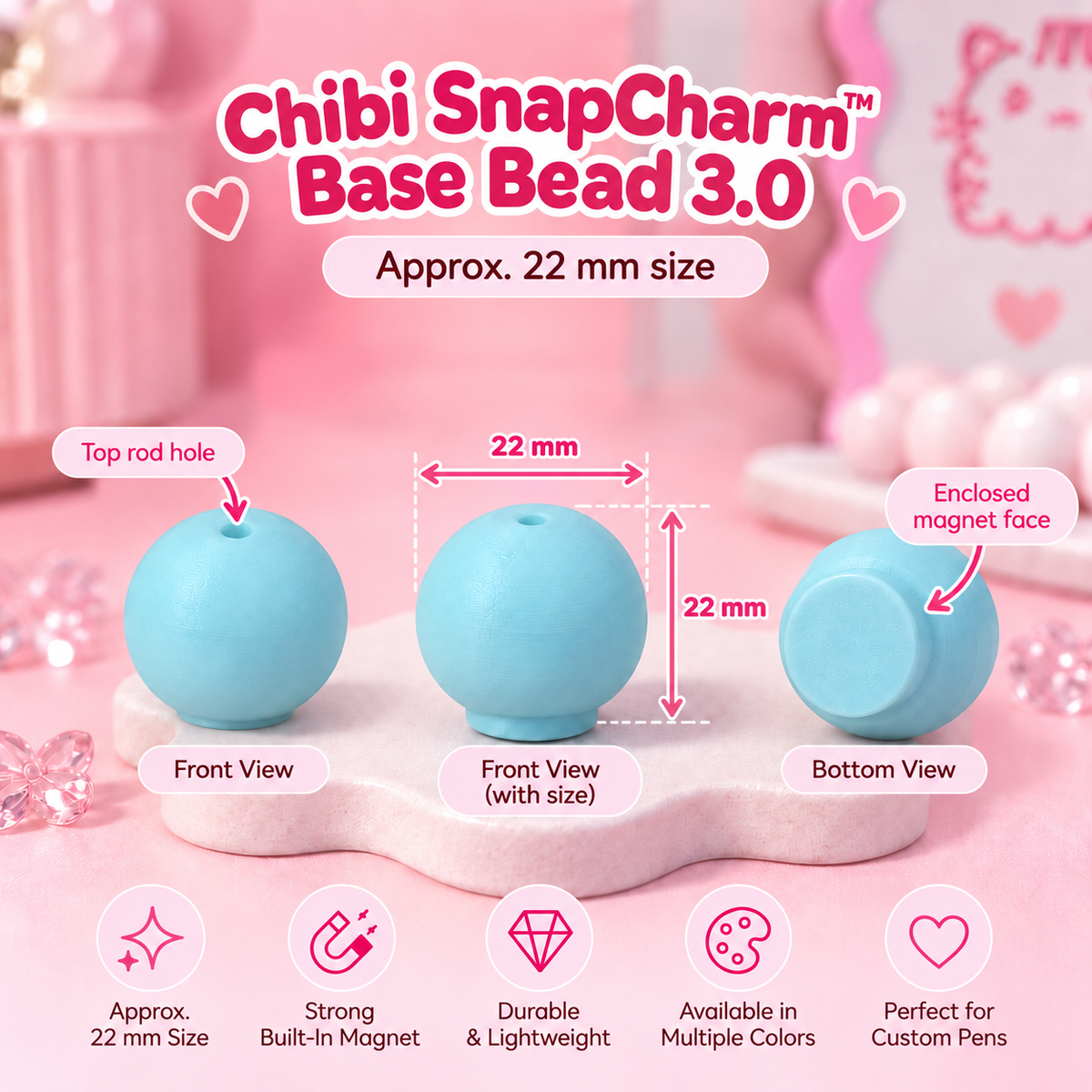 Chibi SnapCharm™ Magnetic Bead Pen Base Beads – 22mm (5 / 10 / 20 Pack)