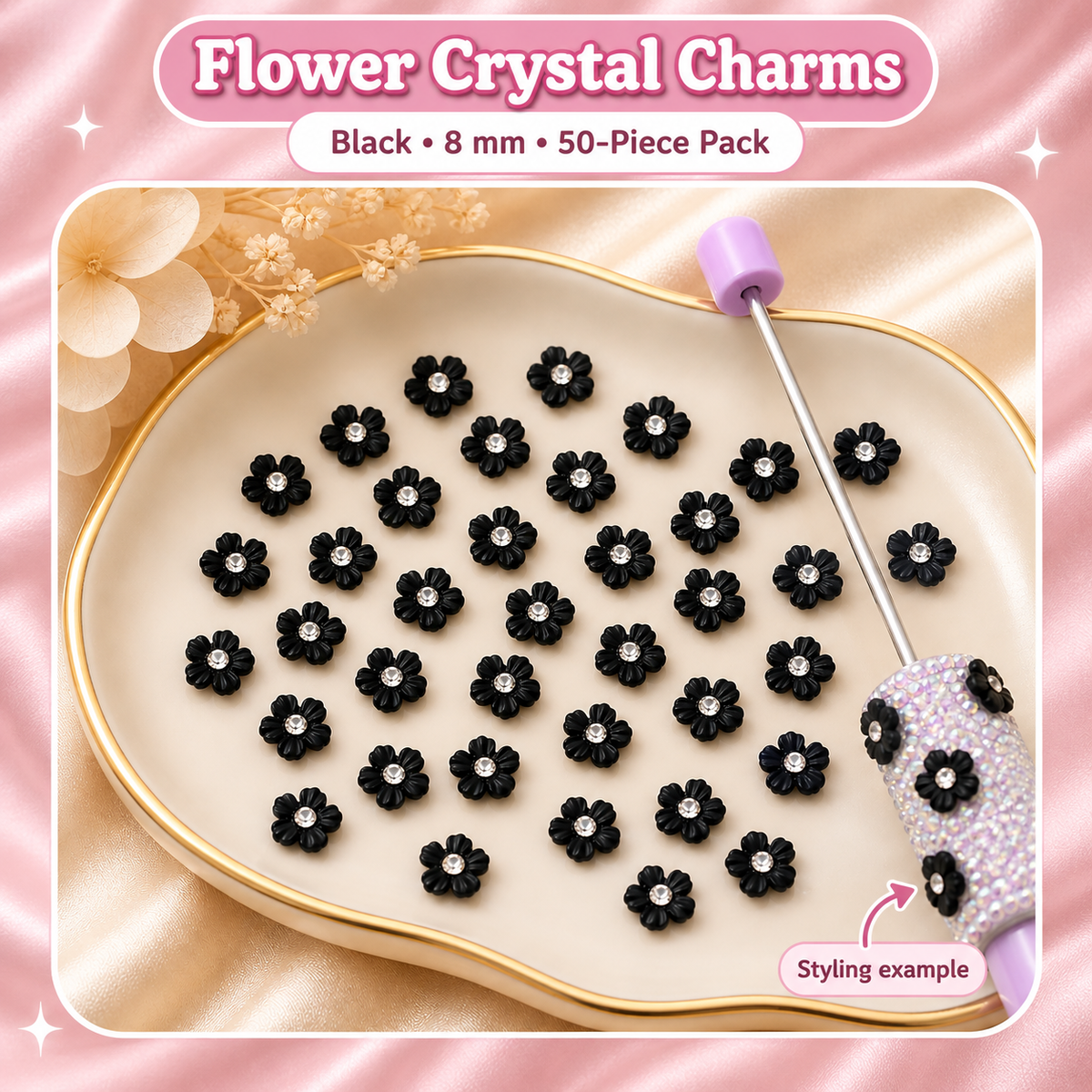 Flower Crystal Charms, Black, 8 mm, 50-Piece Pack