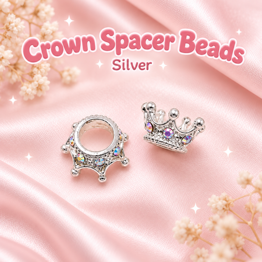 Crown Spacer Beads: Silver on a blush pink background.