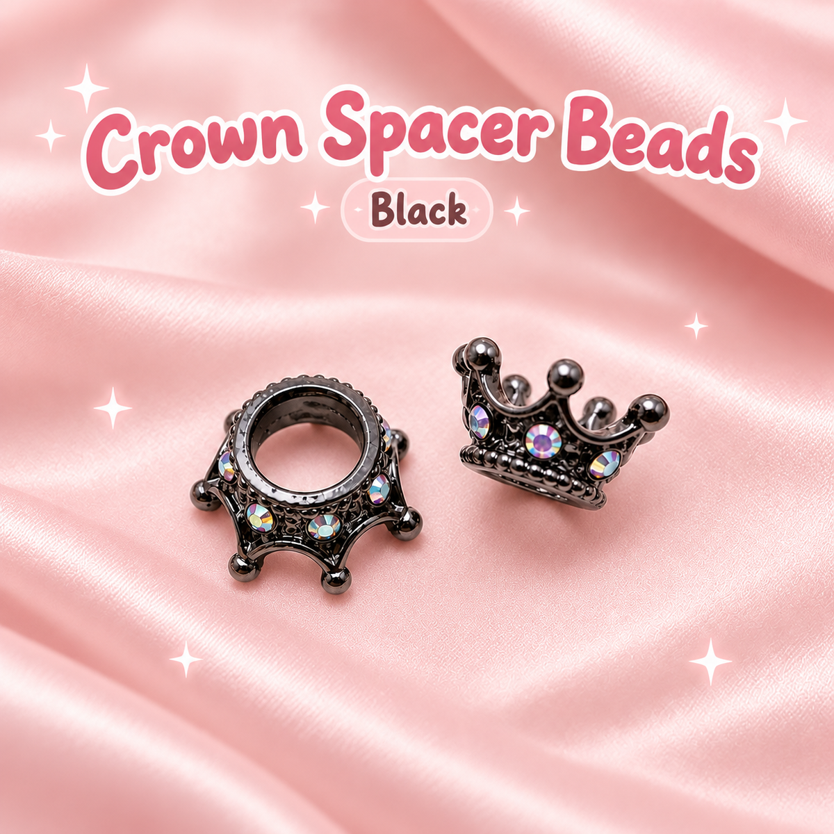 Crown Spacer Beads: Black on a blush pink background.