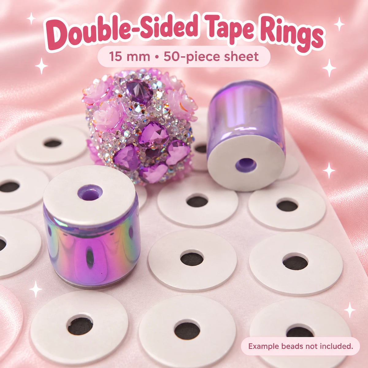 Double-Sided Tape Rings: 15 mm • 50-piece sheet. Product detail on a blush pink background.