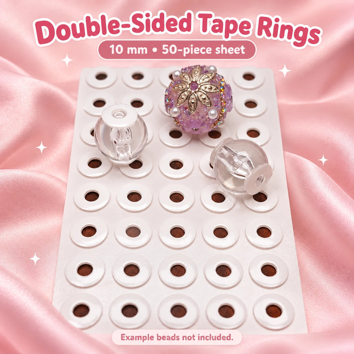 Double-Sided Tape Rings: 10 mm • 50-piece sheet. Product detail on a blush pink background.