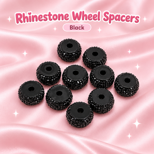 Rhinestone Wheel Spacers: Black on a blush pink background.