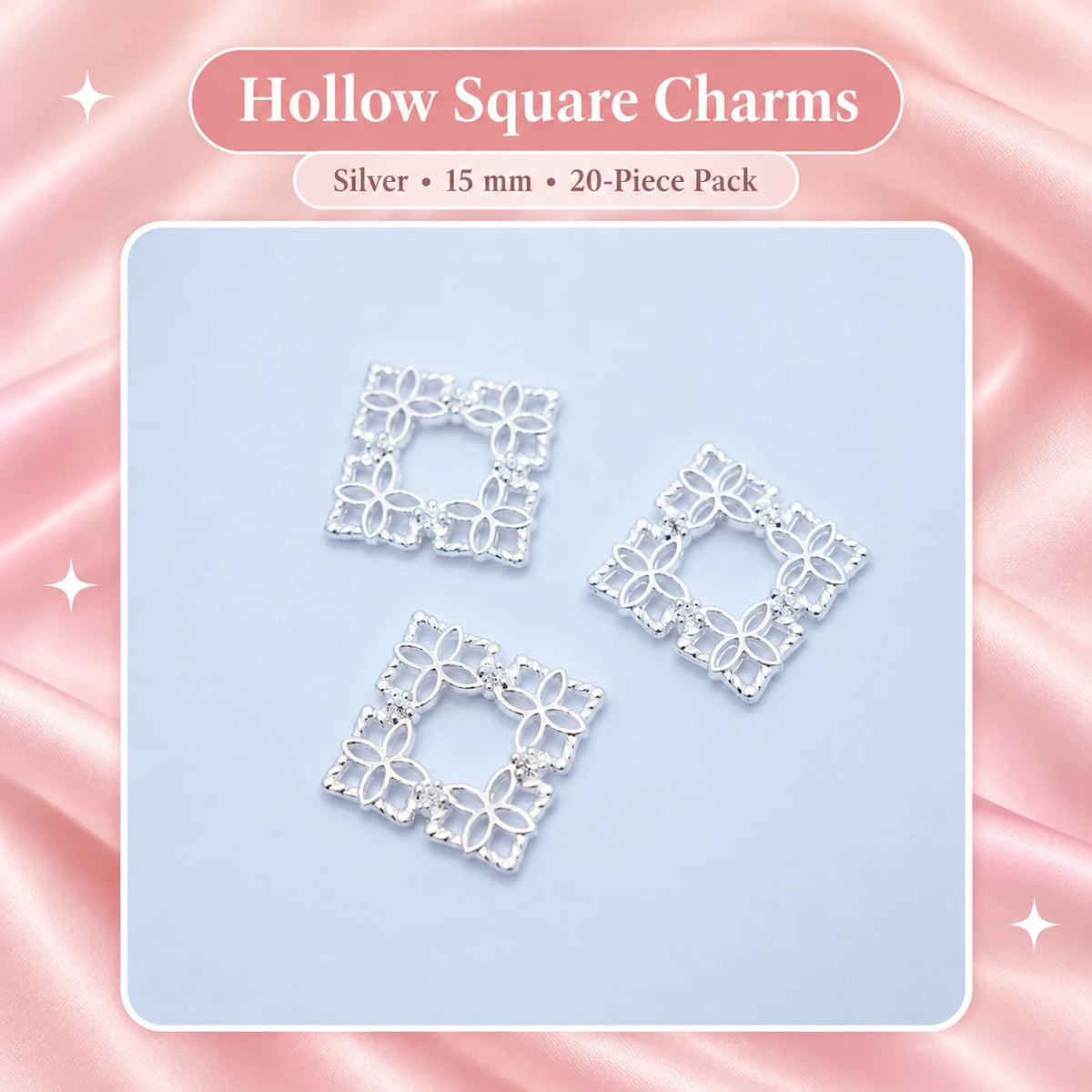 Hollow Square Charms, Silver, 15 mm, 20-Piece Pack