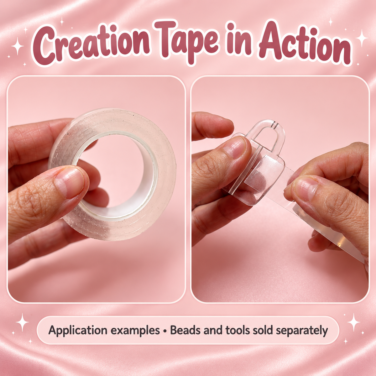 Clear Creation Tape Rolls for Beads 2 cm wide (5m Roll): original close-up and application views; accessories shown as examples