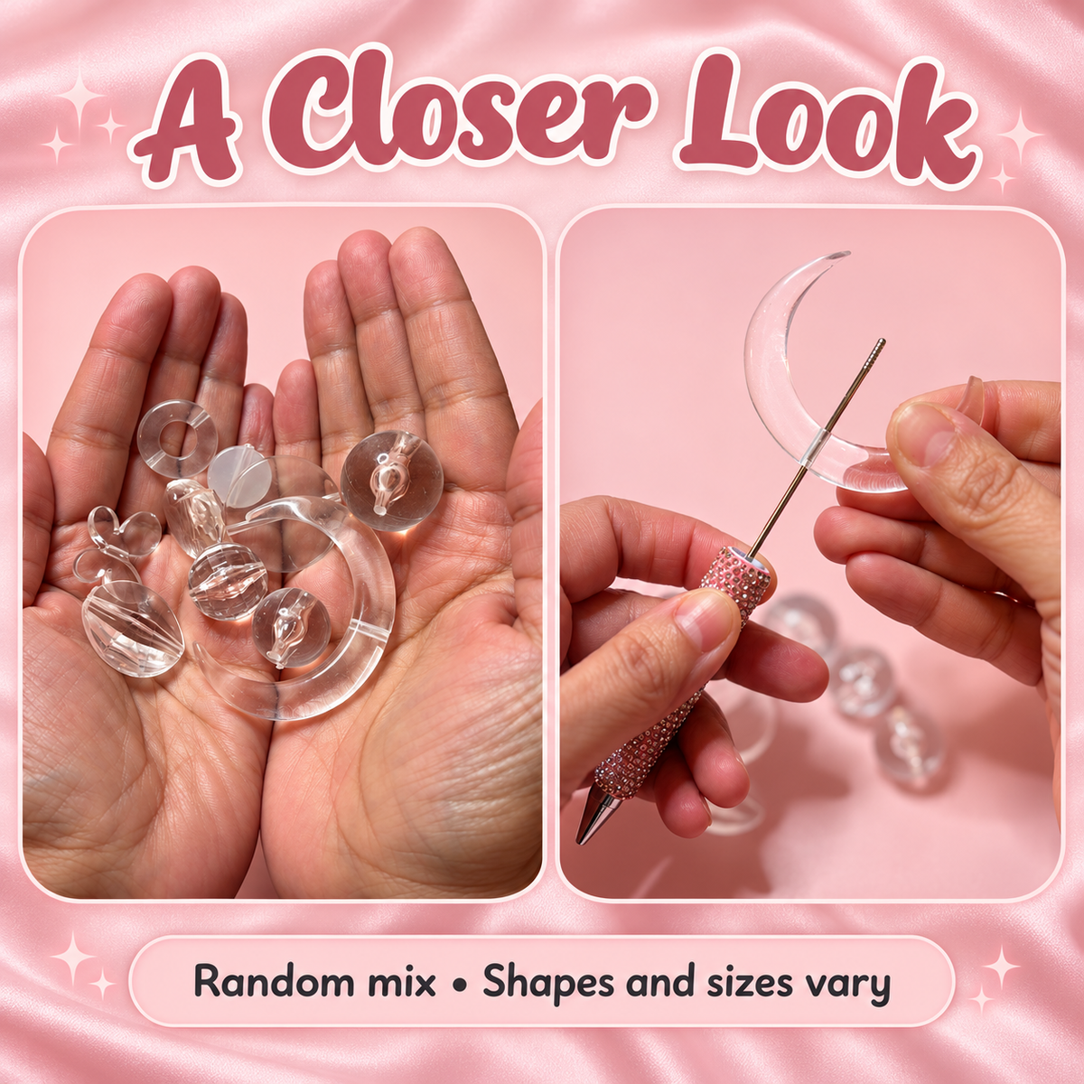 Base Beads Variety Pack – 10 Piece Random Mix for Bead Creation: original close-up and application views; accessories shown as examples