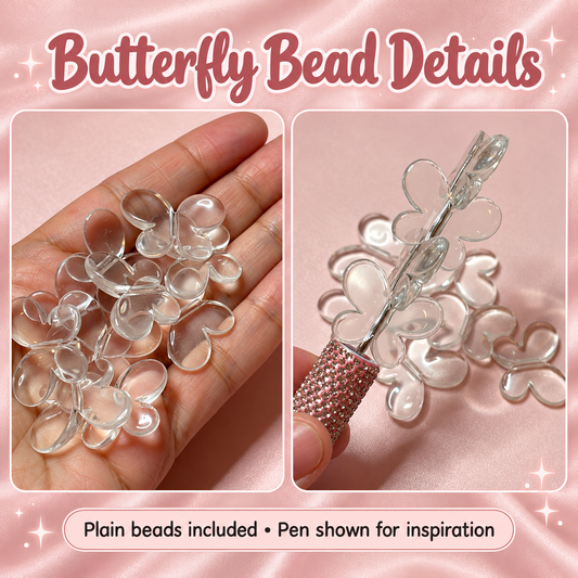 Clear Butterfly Acrylic Base Beads – 21 mm (10 pieces): original close-up and application views; accessories shown as examples
