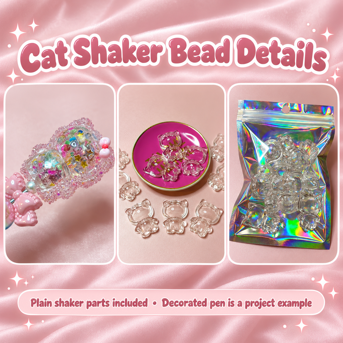 Clear Cat Shaker Base Beads – 35 × 22mm (5-Piece Set): close-up and application examples