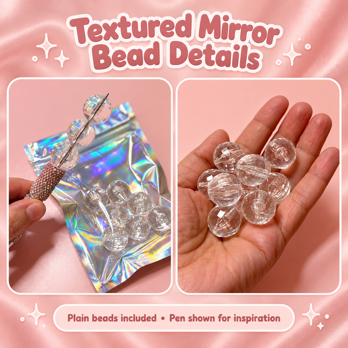 Textured Mirror Base Beads – 20mm (10-Piece Set): close-up and application examples