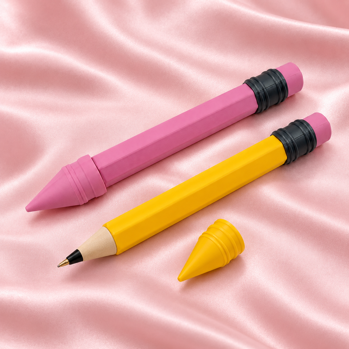 Chibi SnapCharm™ Ready Pens products on blush pink satin