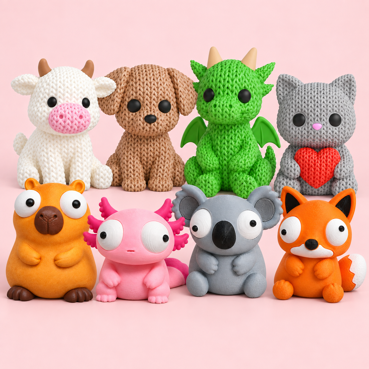 Mixed Topkinz group with four knitted-texture and four googly-eye characters on pale pink