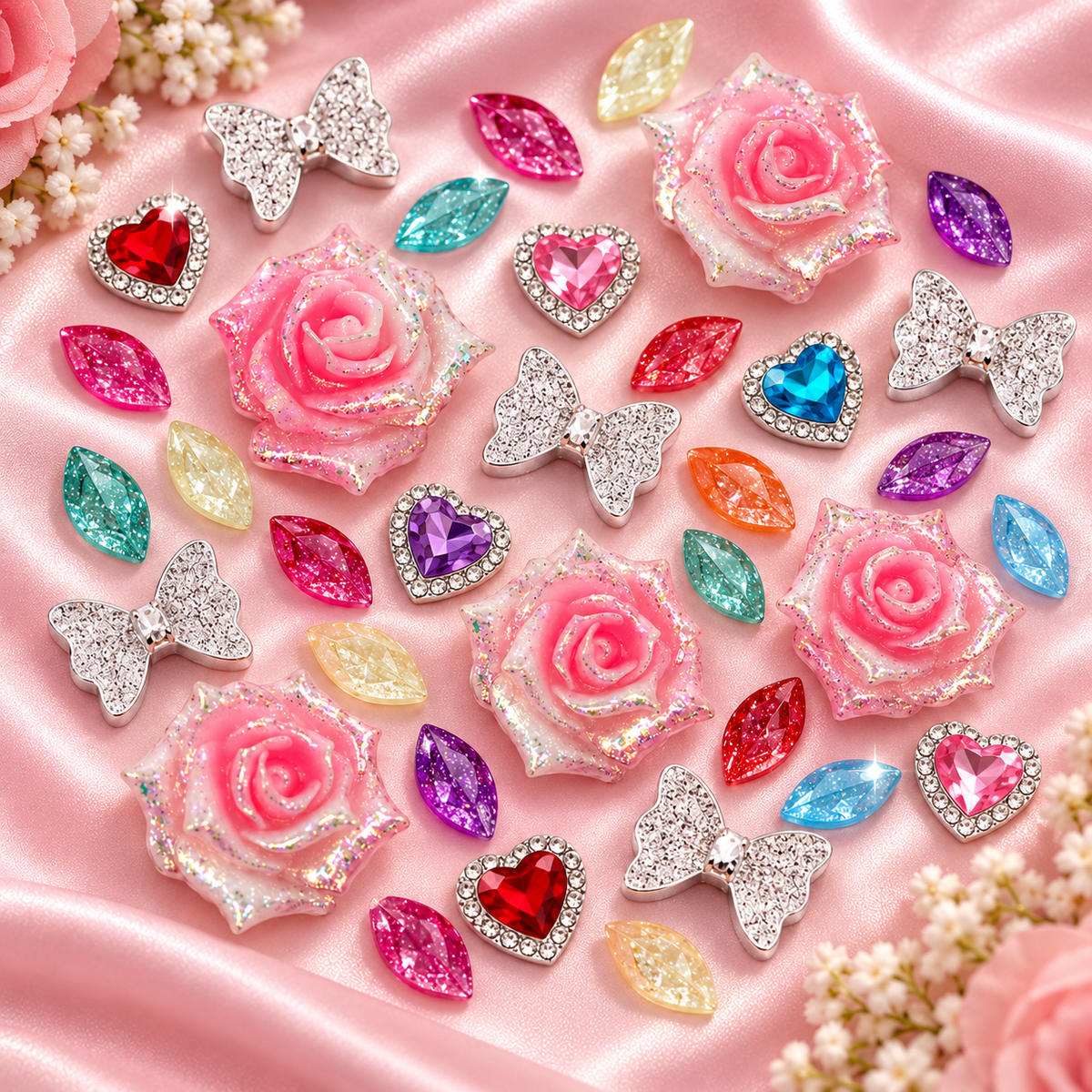 Crafting Bead Charms products on blush pink satin
