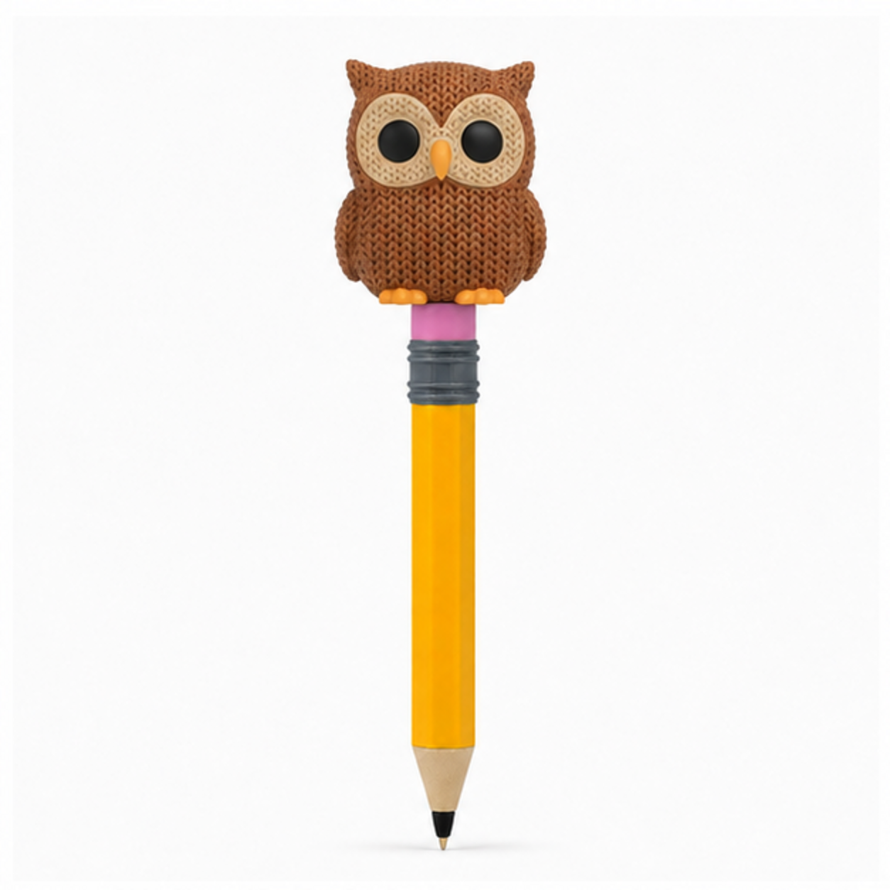Knitted Owl Topkinz character on jumbo pencil front view