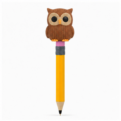 Knitted Owl Topkinz character on jumbo pencil front view