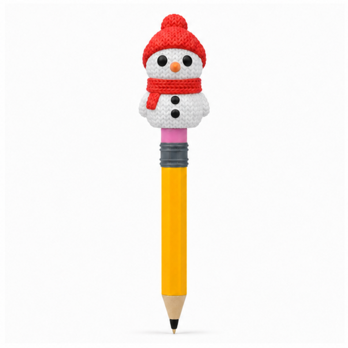 Knitted Snowman Christmas Topkinz character on jumbo pencil front view