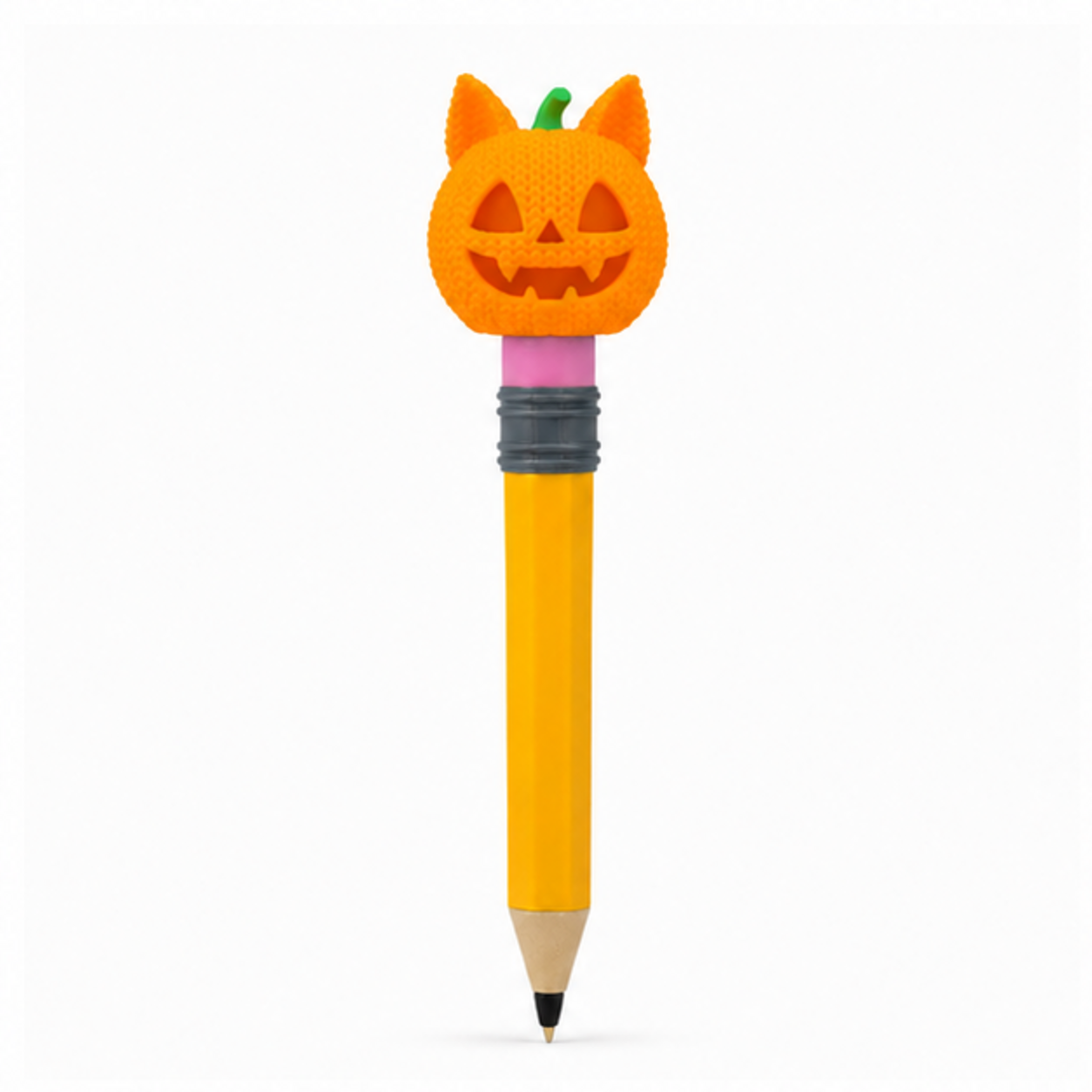 Knitted Jack-O-Lantern Cat Pumpkin Halloween Topkinz character on jumbo pencil front view