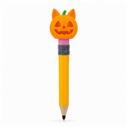 Knitted Jack-O-Lantern Cat Pumpkin Halloween Topkinz character on jumbo pencil front view