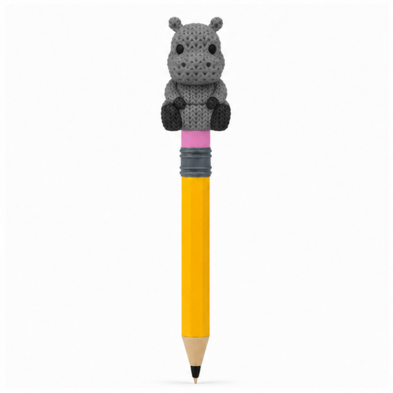 Knitted Articulated Hippo Topkinz character on jumbo pencil front view