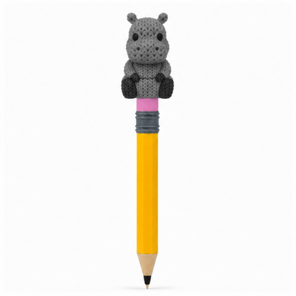 Knitted Articulated Hippo Topkinz character on jumbo pencil front view