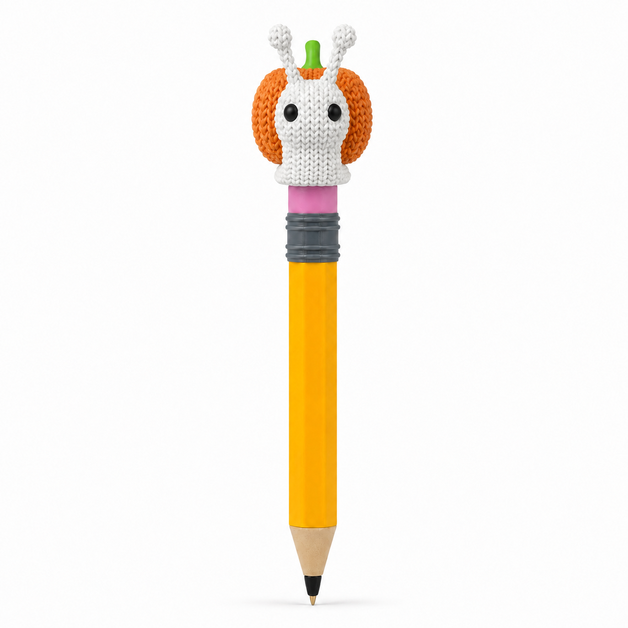 Knitted Halloween Pumpkin Snail Topkinz character on jumbo pencil front view