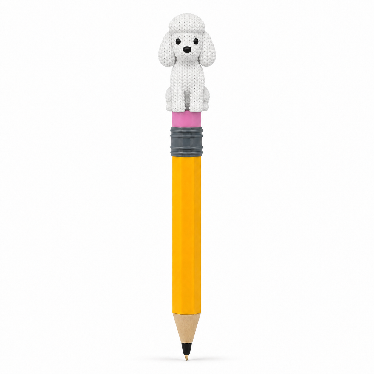 Knitted Poodle Dog Topkinz character on jumbo pencil front view