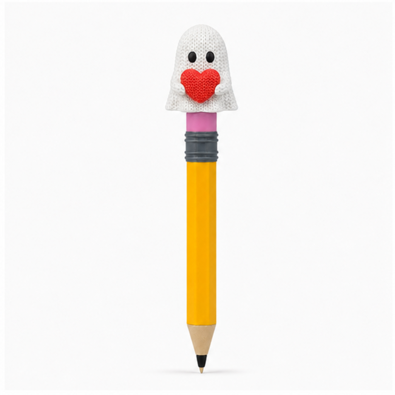 Knitted Halloween Heart Ghost Topkinz character on jumbo pencil front view