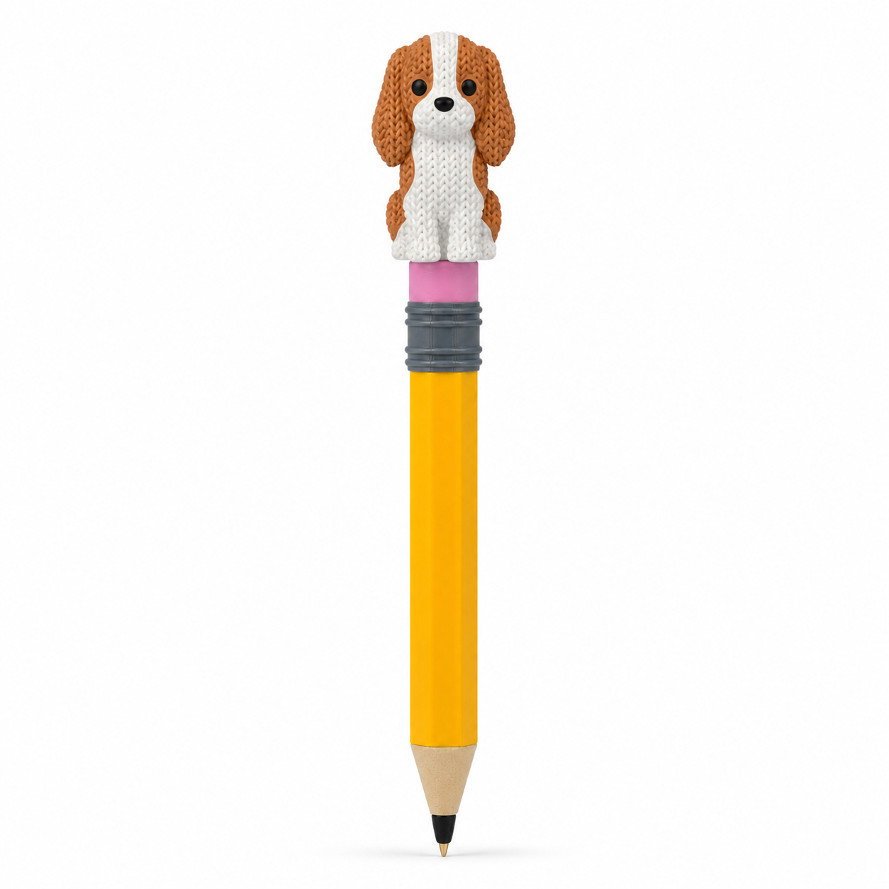 Knitted Cavalier King Charles Spaniel Dog Topkinz character on jumbo pencil front view