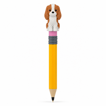 Knitted Cavalier King Charles Spaniel Dog Topkinz character on jumbo pencil front view
