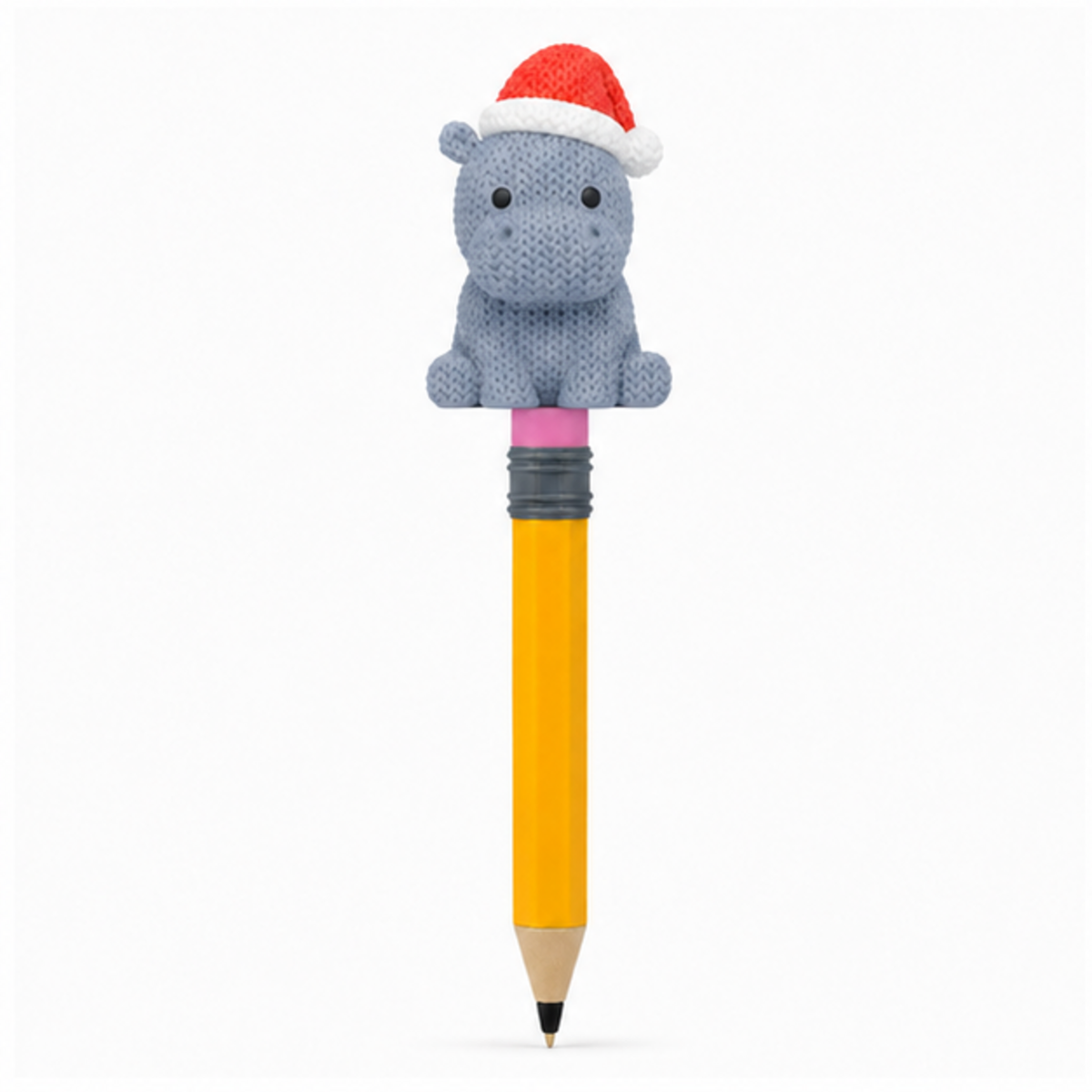 Knitted Hippo with Santa Hat Christmas Topkinz character on jumbo pencil front view
