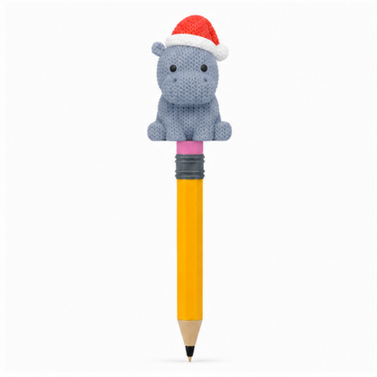 Knitted Hippo with Santa Hat Christmas Topkinz character on jumbo pencil front view