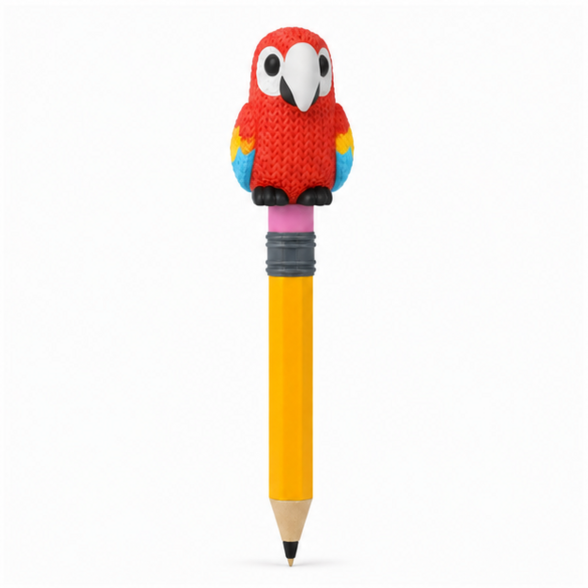 Knitted Scarlet Macaw Parrot Topkinz character on jumbo pencil front view