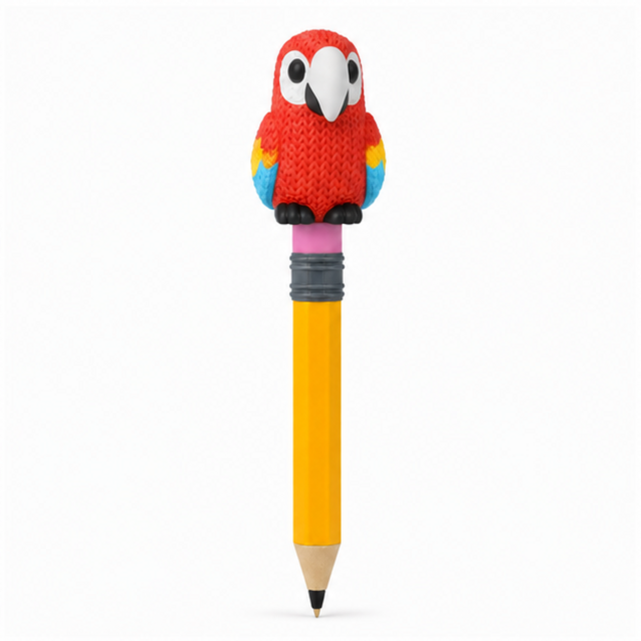 Knitted Scarlet Macaw Parrot Topkinz character on jumbo pencil front view