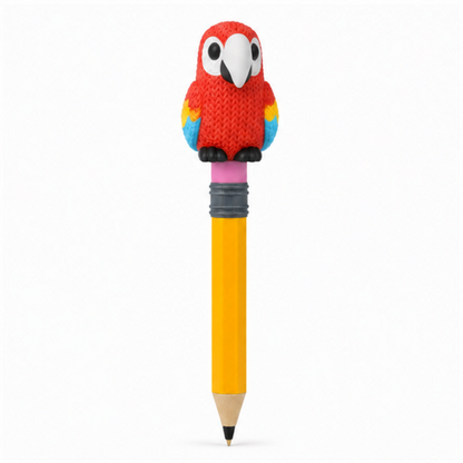 Knitted Scarlet Macaw Parrot Topkinz character on jumbo pencil front view