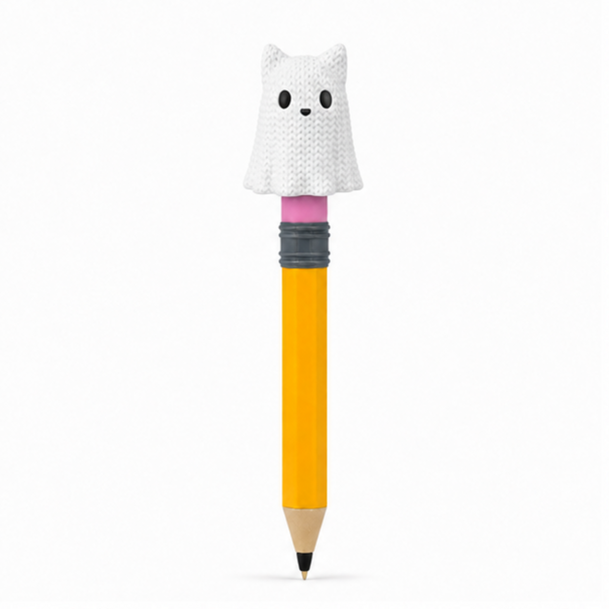 Knitted Halloween Cat Ghost Topkinz character on jumbo pencil front view