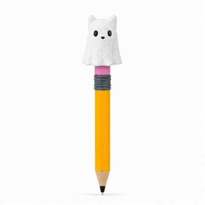 Knitted Halloween Cat Ghost Topkinz character on jumbo pencil front view