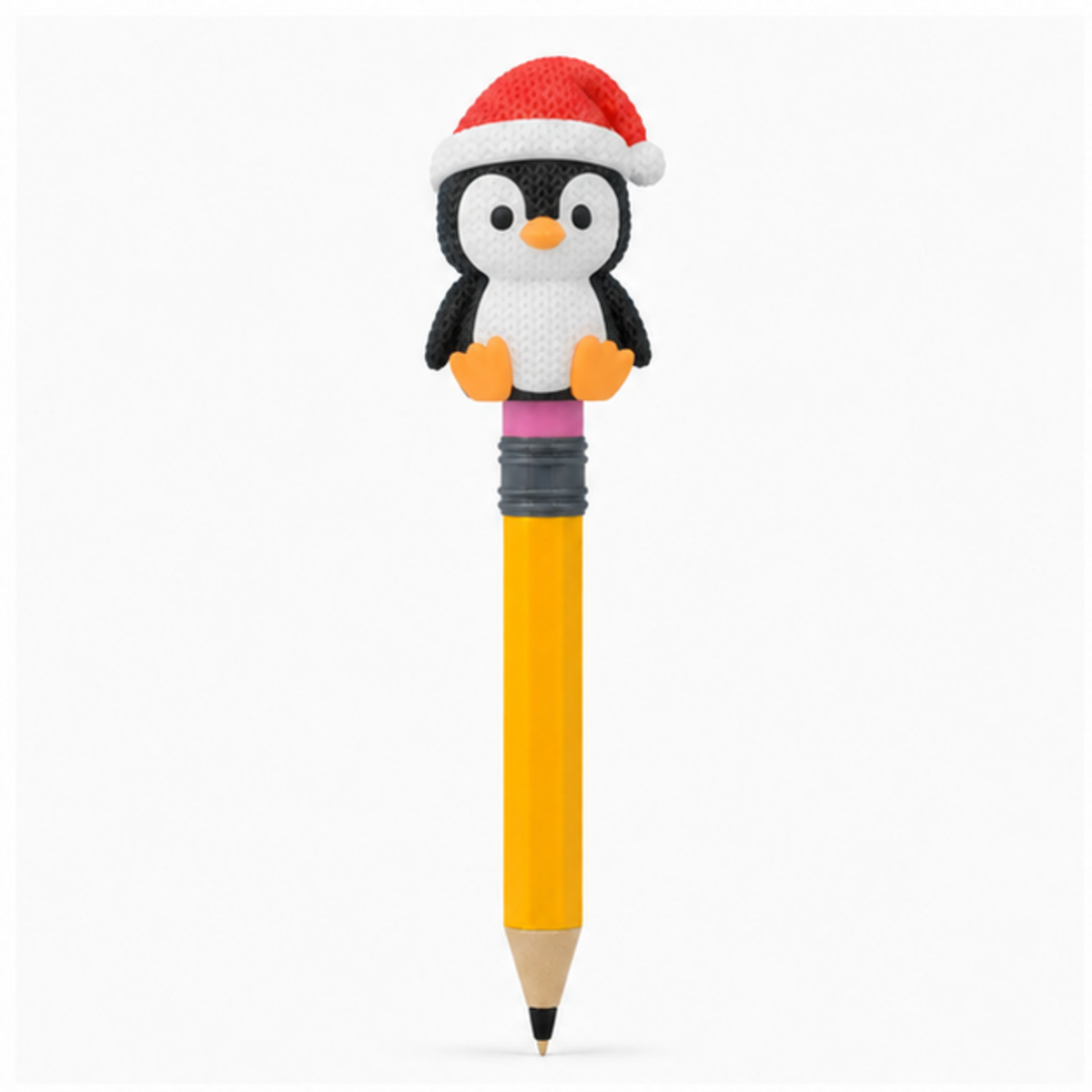 Knitted Penguin with Santa Hat Christmas Topkinz character on jumbo pencil front view