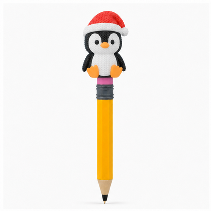 Knitted Penguin with Santa Hat Christmas Topkinz character on jumbo pencil front view