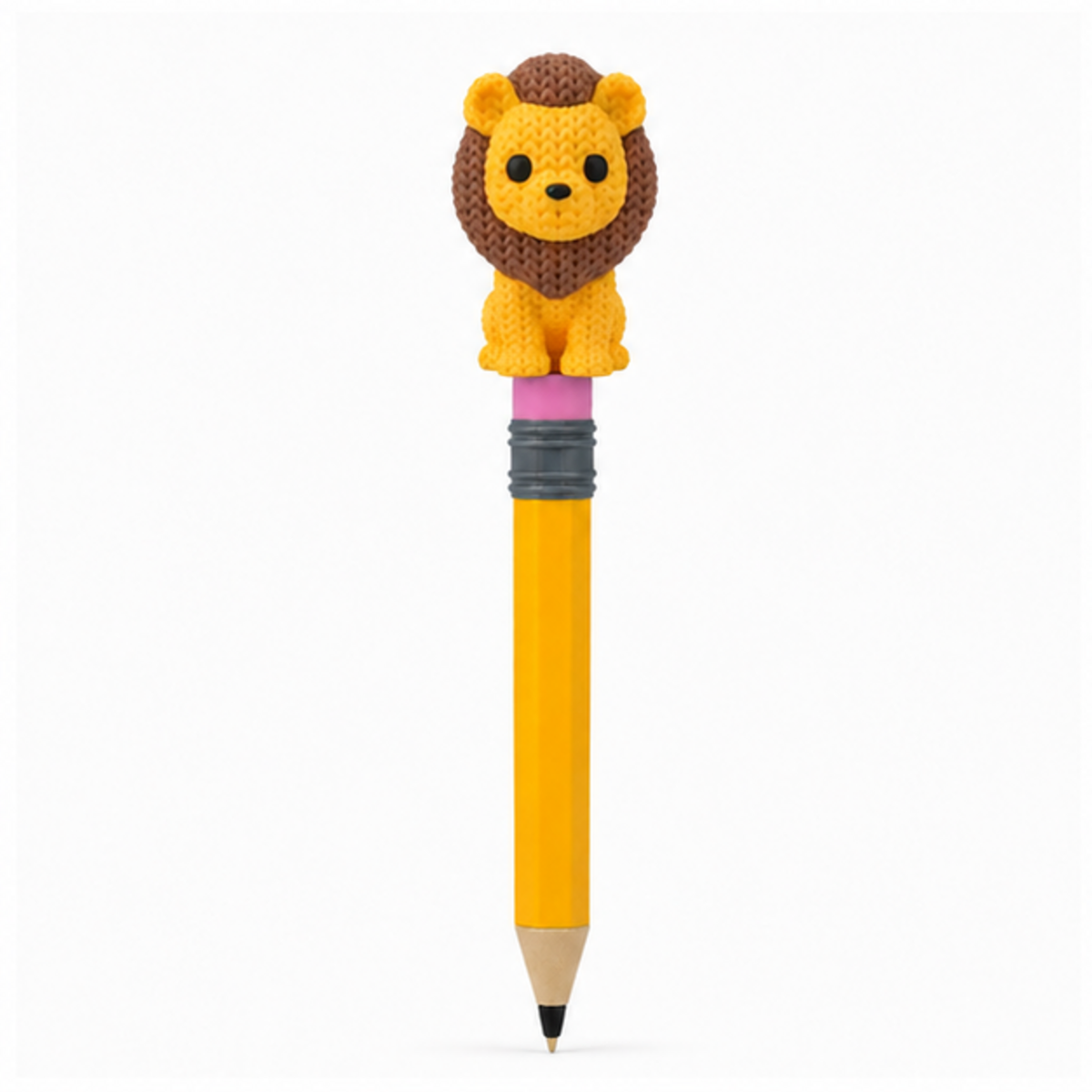 Knitted Lion Topkinz character on jumbo pencil front view
